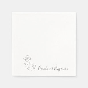 Minimal Black White Floral Line Art Custom Wedding Napkins