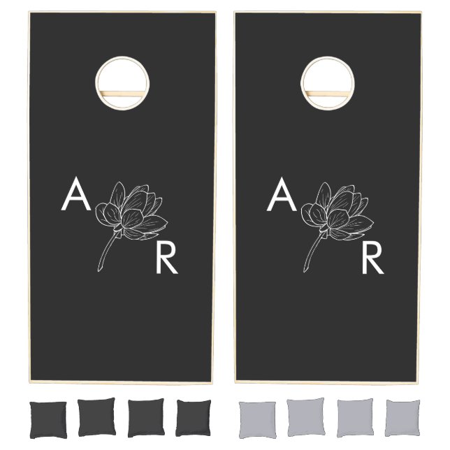 Minimal Black & White Floral Monogram Modern Font  Cornhole Set (Set)