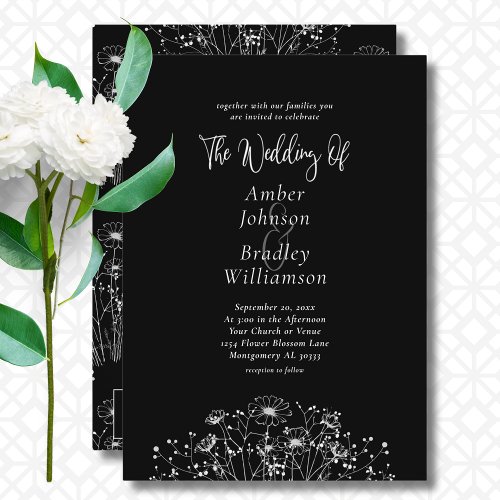 Minimal Black White Floral QR Code Elegant Wedding Invitation