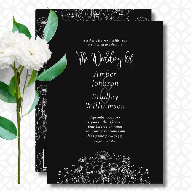 Minimal Black White Floral QR Code Elegant Wedding Invitation (Creator Uploaded)