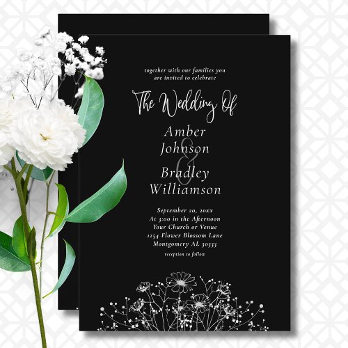 Minimal Black White Floral QR Code Photo Wedding Invitation
