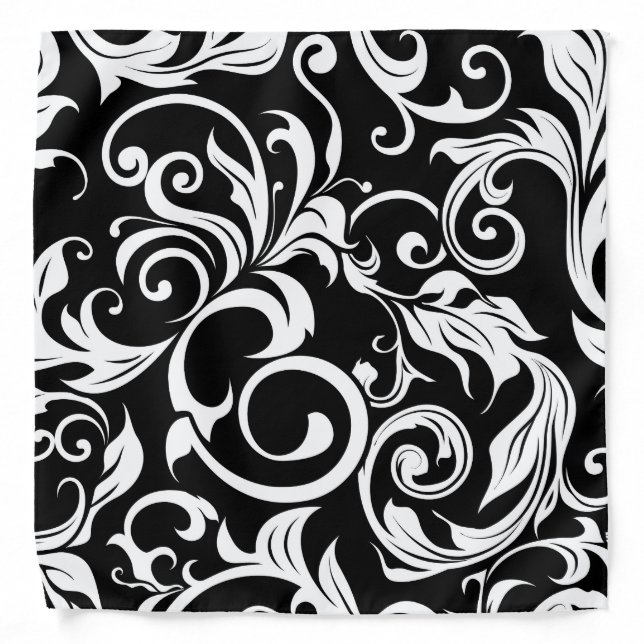 Minimal Black White Floral Wallpaper Swirl Pattern Bandana (Front)