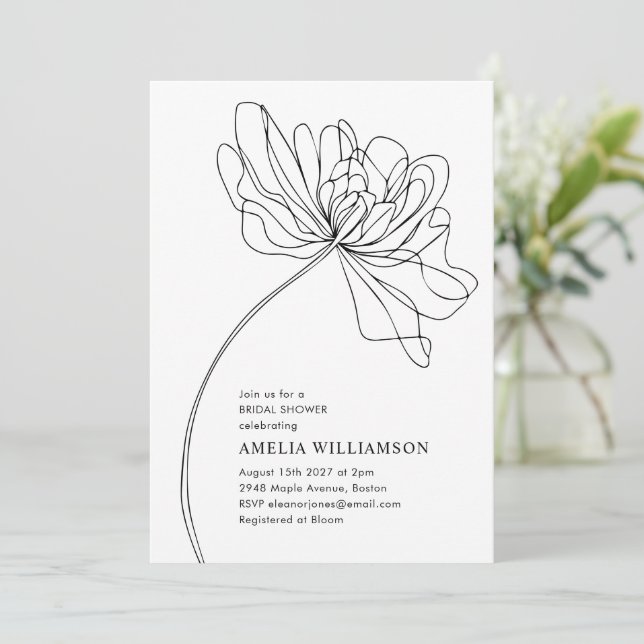 Minimal Black White Flower Drawing Bridal Shower Invitation (Standing Front)