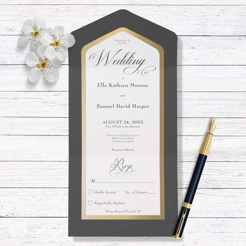 Minimal Black  White Gold Modern No Dinner All In One Invitation