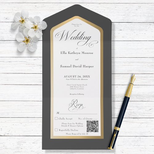 Minimal Black  White Gold Modern QR Code All In One Invitation