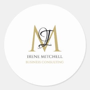 Minimal Black White Gold Monogram Name Classic Round Sticker