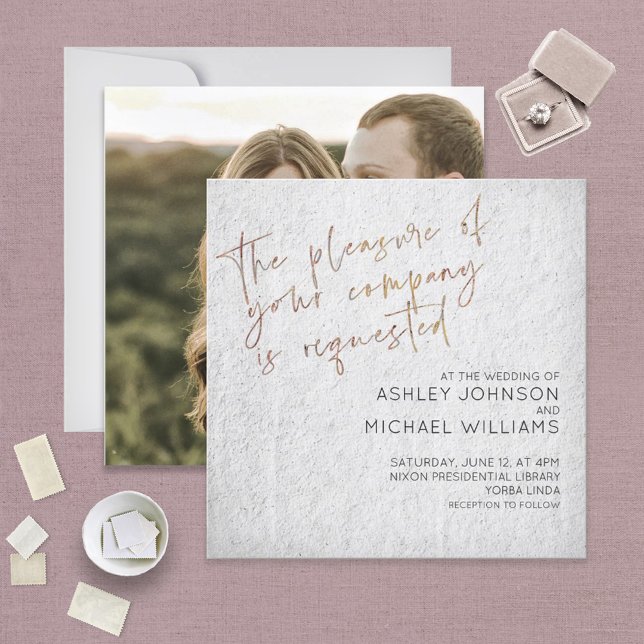 Minimal Black & White Gold Script Photo Wedding Invitation (Creator Uploaded)