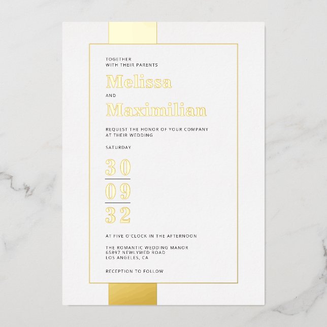 Minimal black white gold simple bold wedding foil invitation (Front)