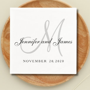 Minimal Black White Grey Monogram Script Wedding Napkins
