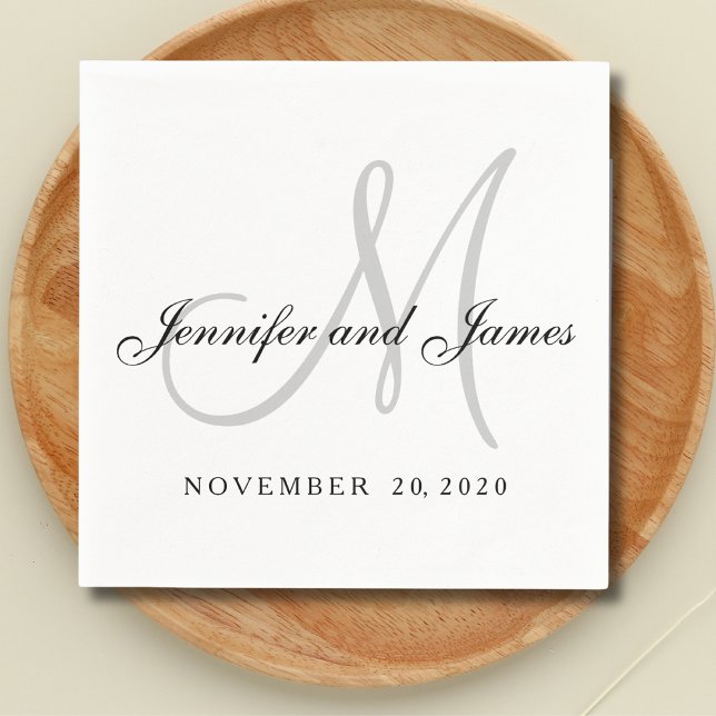 Minimal Black White Grey Monogram Script Wedding Napkins (Creator Uploaded)