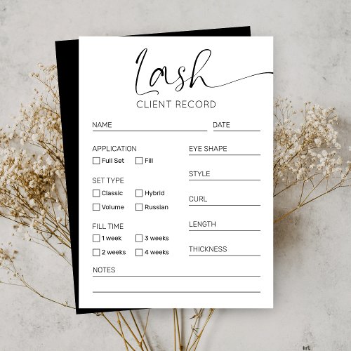 Minimal Black  White Lash Client Record Form Business Card