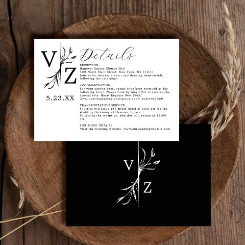 Minimal Black White Leaf Monogram Wedding Details Enclosure Card