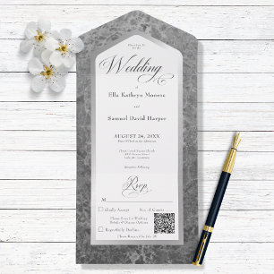 Minimal Black & White Marble Silver Modern QR Code All In One Invitation