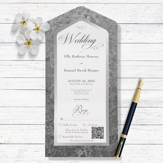 Minimal Black & White Marble Silver Modern QR Code All In One Invitation (Creator Uploaded)