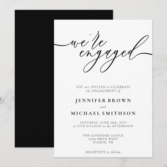 Minimal black white Modern Engagement Invitation