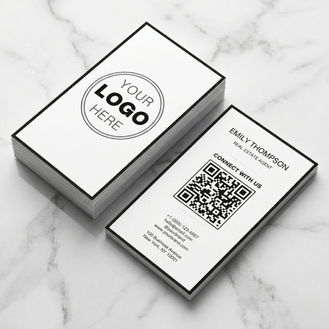 Minimal Black White Modern QR Code Logo Business Card (Modern Minimalist Black & White QR Code Business Card)