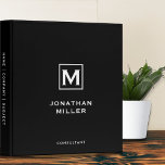 Minimal Black White Monogram<br><div class="desc">Modern Minimalist Monogram Emblem Classic Block Typography Initial Name Title Custom White Text Solid Black Background Home Office Work School Recipe 3 ring binder</div>