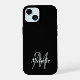 Minimal Black & White Monogram Name + Initial iPhone 15 Case