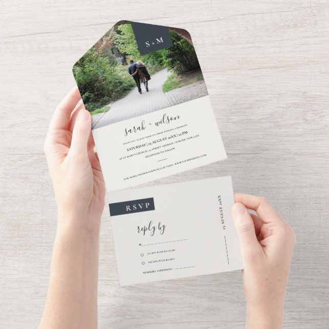 MINIMAL BLACK WHITE MONOGRAM WEDDING PHOTO ALL IN ONE INVITATION (Tearaway)