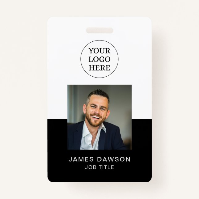 Minimal Black & White Office Employee Photo ID QR Badge (Front)