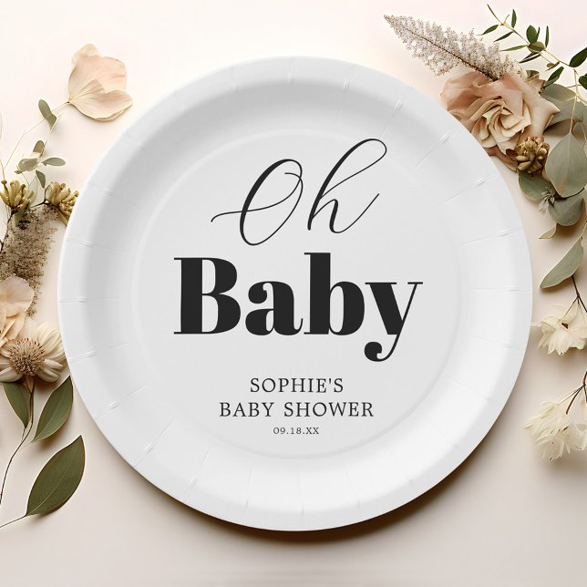 Minimal Black White Oh Baby Shower Paper Plates (Creator Uploaded)