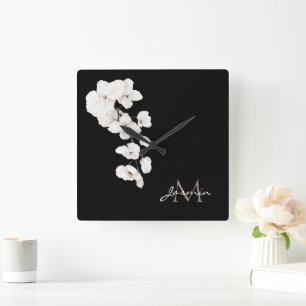 Minimal Black White Orchid Floral Square Wall Clock