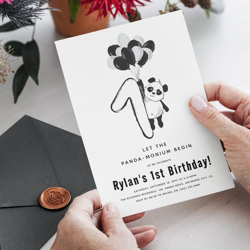 Minimal Black  White Panda 1st Birthday Party Invitation