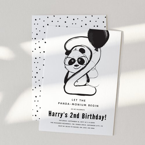 Minimal Black  White Panda 2nd Birthday Party Invitation