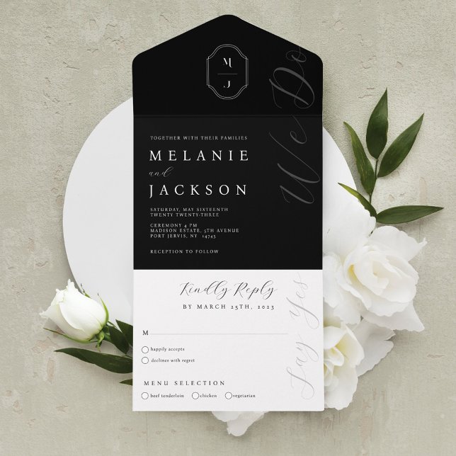 Minimal Black & White Personalized Monogram Crest All In One Invitation (Minimal Black & White Personalized Monogram Crest All In One Invitation)