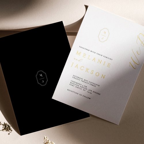 Minimal Black  White Personalized Monogram Crest Foil Invitation