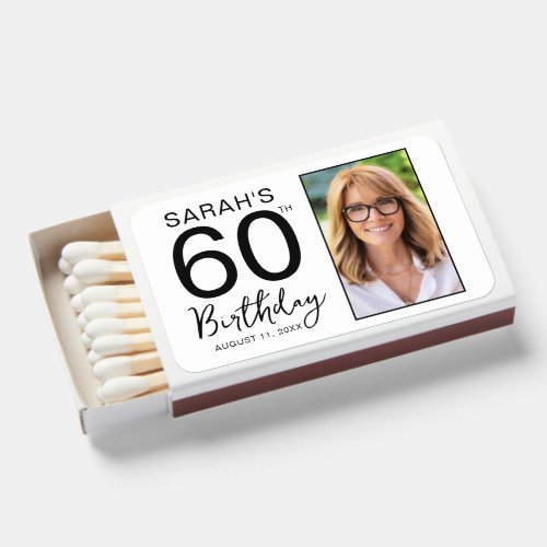 Minimal Black White Photo 60th Birthday Party Matchboxes