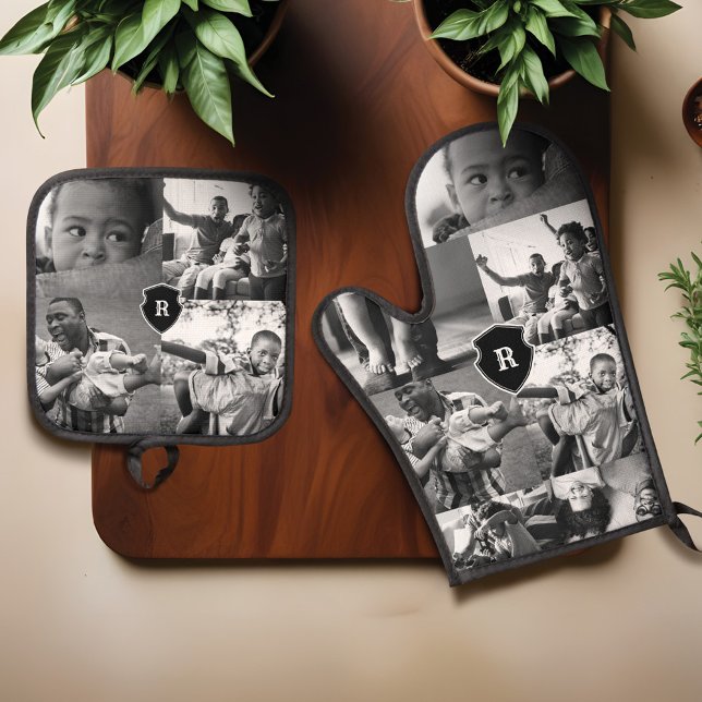Minimal Black & White Photo Collage Monogram Crest Oven Mitt & Pot Holder Set (Minimal Black & White Photo Collage Monogram Crest Oven Mitt & Pot Holder Set)