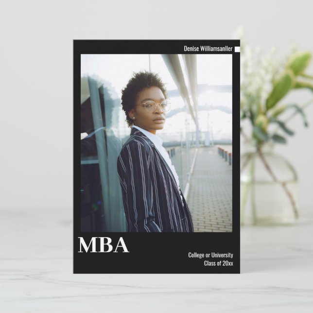 Minimal Black White Photo MBA Graduation Announcement (Standing Front)