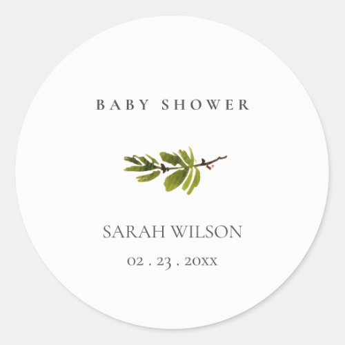 Minimal Black  White Pine Branch Baby Shower Classic Round Sticker