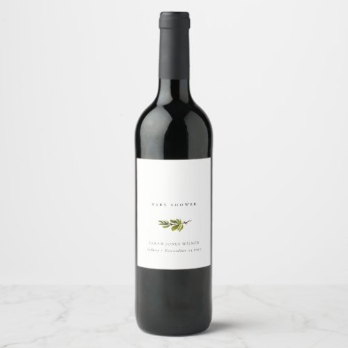 Minimal Black  White Pine Branch Baby Shower Wine Label
