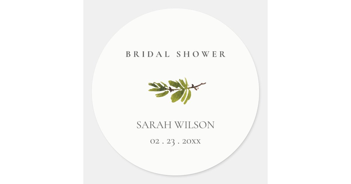 Minimal Black & White Pine Branch Bridal Shower Classic Round Sticker ...