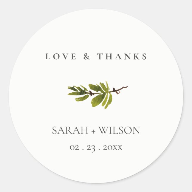 Minimal Black & White Pine Branch Foliage Wedding Classic Round Sticker (Front)