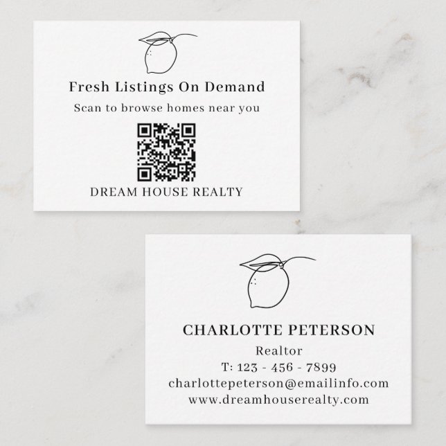 Minimal Black & White QR Code Summer Real Estate  Business Card (Front/Back)