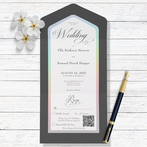 Minimal Black  White Rainbow Modern QR Code All In One Invitation