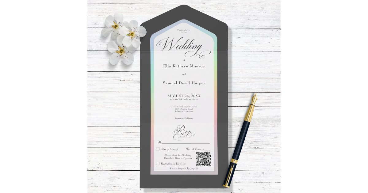 Qr Code Raimbow Minimal Black & White Rainbow Modern QR Code All In One Invitation | Zazzle
