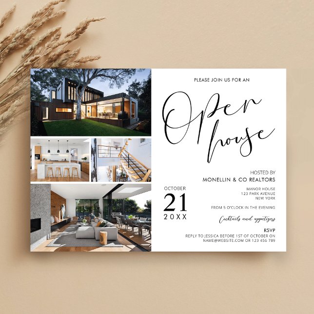 Minimal Black & White Realty Open House 4 Photos Invitation (Modern black & white Open House Invitation design with space for 4 custom photos)