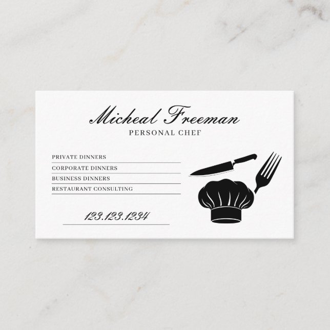 Minimal Black & White Recipe Personal Chef Business Card (Front)