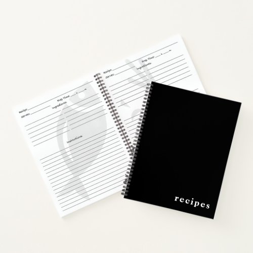 Minimal Black  White Recipes  Notebook