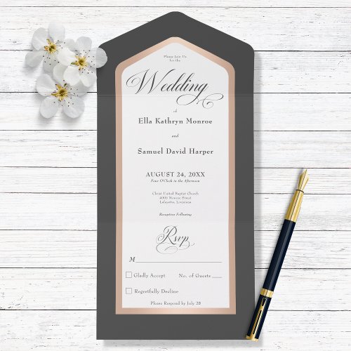 Minimal Black  White Rose Gold Modern No Dinner All In One Invitation