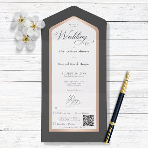 Minimal Black & White Rose Gold Modern QR Code All In One Invitation