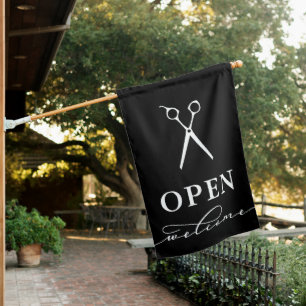 Minimal Black White Scissors Welcome Open House Flag