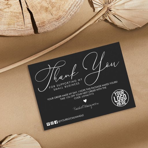 Customizable Minimal Black White Script Customer Thank You Business Card