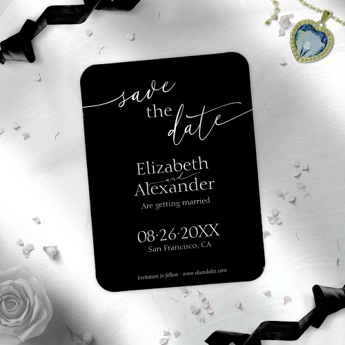 Minimal Black  White Script Fancy Save the Date Magnet