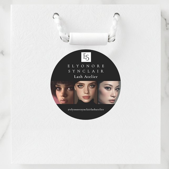 Minimal Black White Script Lash Photo Logo Classic Round Sticker (Creator Uploaded)