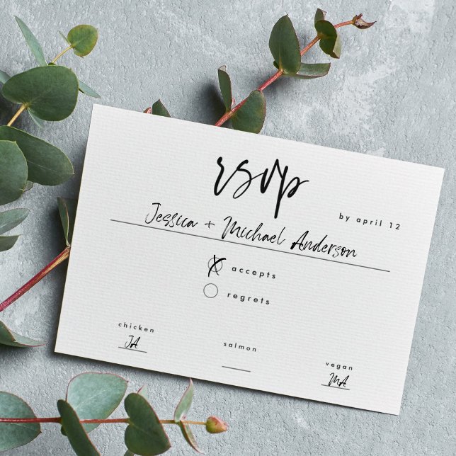 Minimal Black White Script Meal Choice Wedding RSVP Card (Creator Uploaded)
